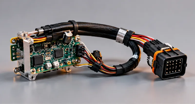Electronic board with wiring harness and connector