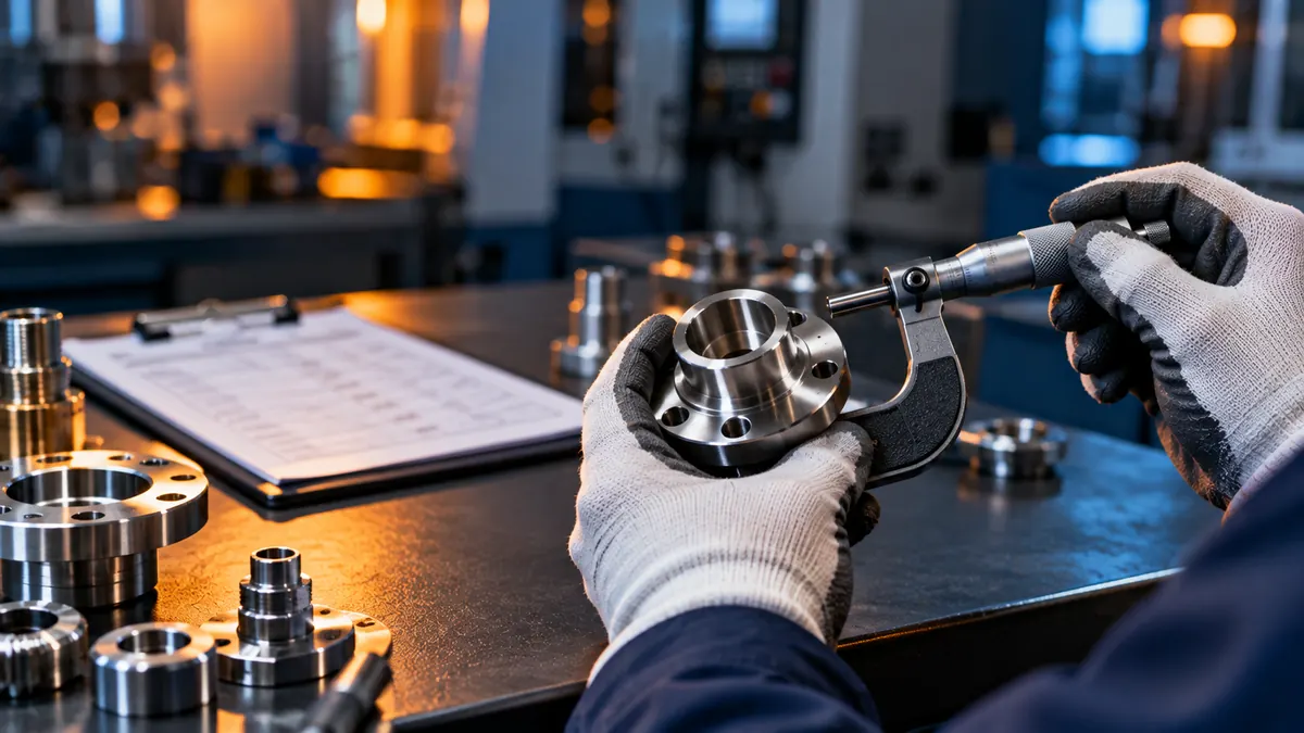 Inspector measuring a machined flange with a micrometer
