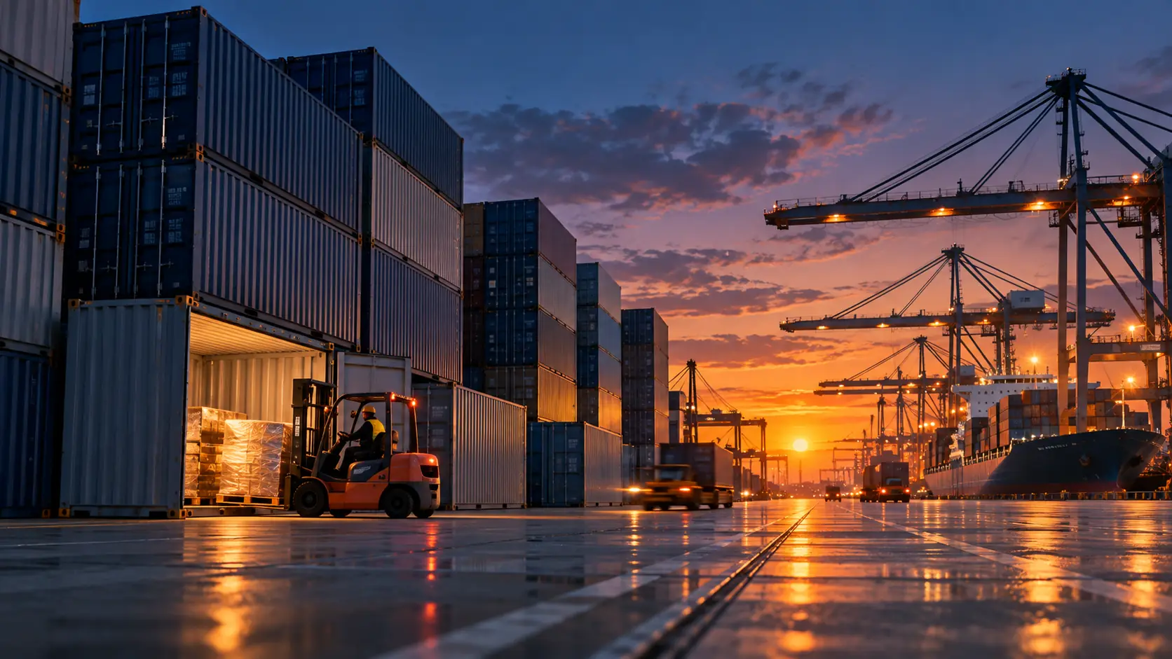 Container terminal at dusk with goods being loaded
