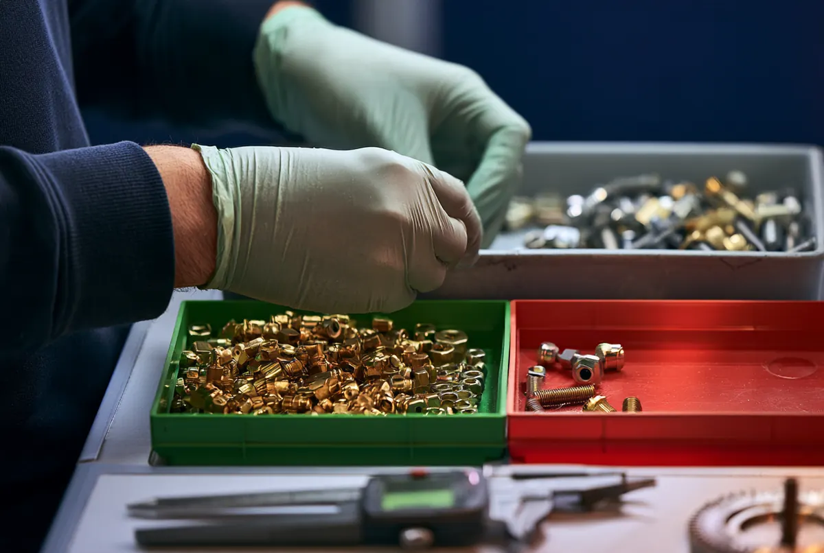 Sorting brass fittings into conforming and rejected bins